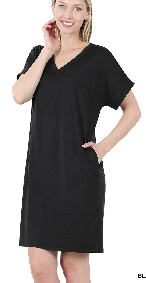 Rolled Short Sleeve V-Neck Dress