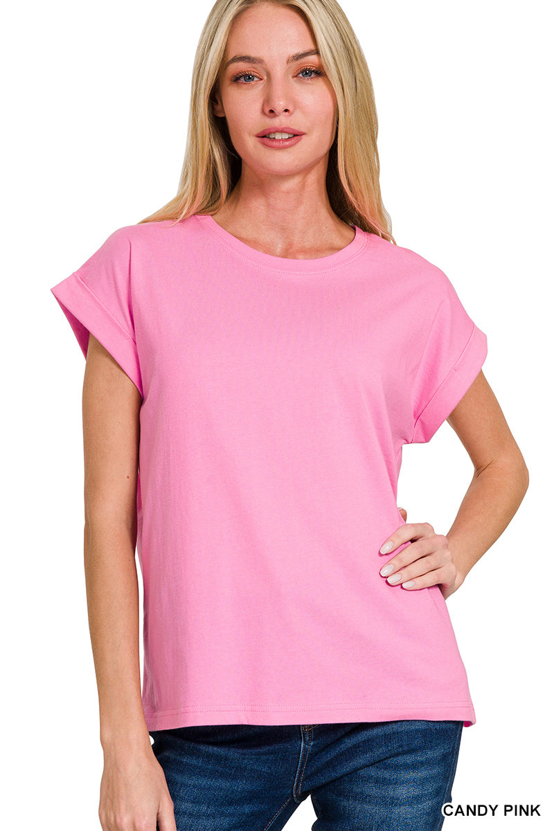 Round Neck Folded Short Sleeve T-shirt