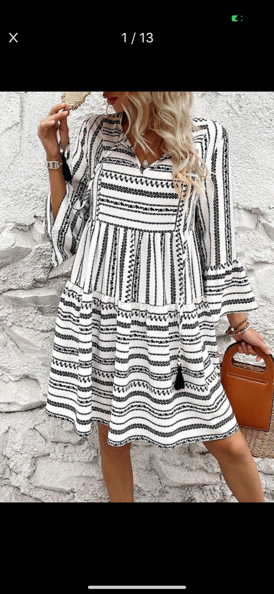 Boho beige and black high waisted dress