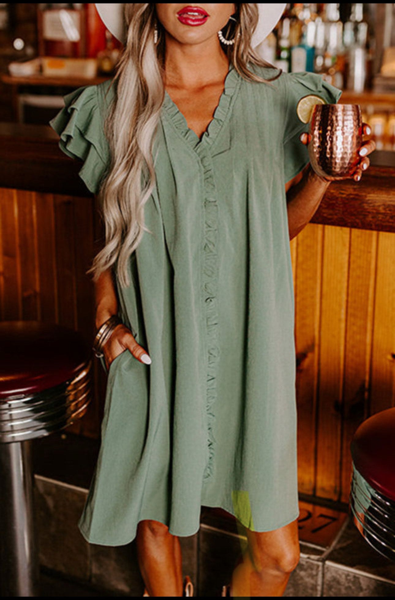 Mist Green Ruffle Sleeve V Neck Frilled Shift Dress