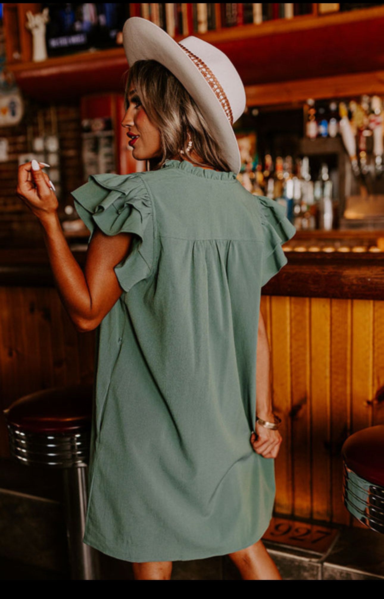Mist Green Ruffle Sleeve V Neck Frilled Shift Dress