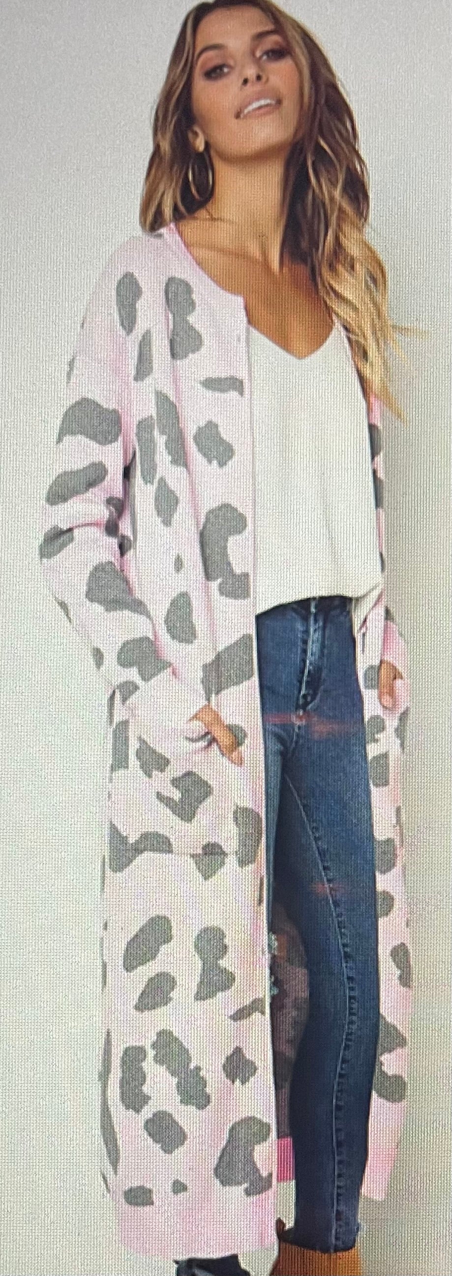 Pink and gray Animal Print Long Cardigan