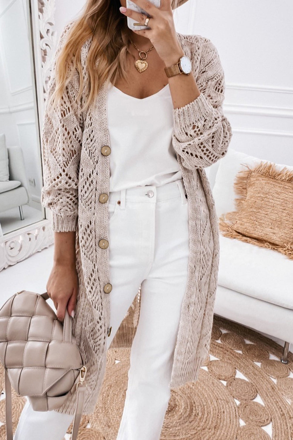 Khaki Open Front Long Cardigan