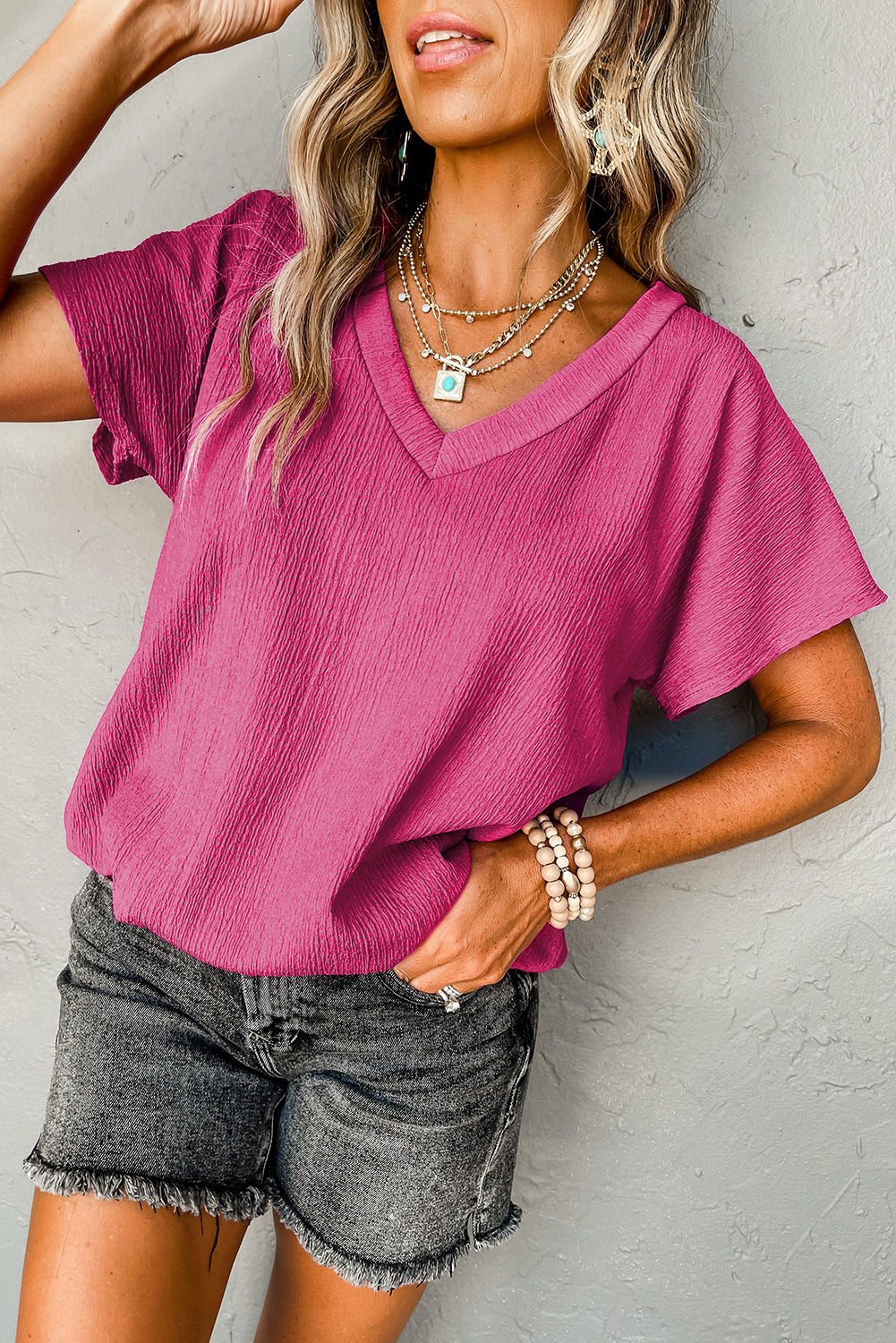 Solid Crinkled V-Neck Top