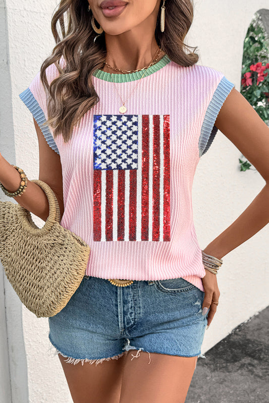 Pink Corded Top with American Flag