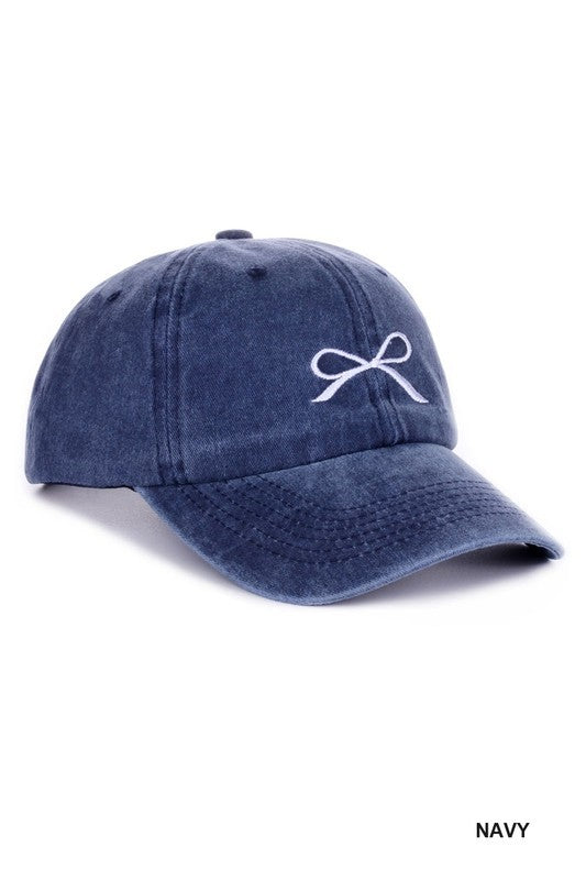 Ribbon Bow Embroidery Washed Hat