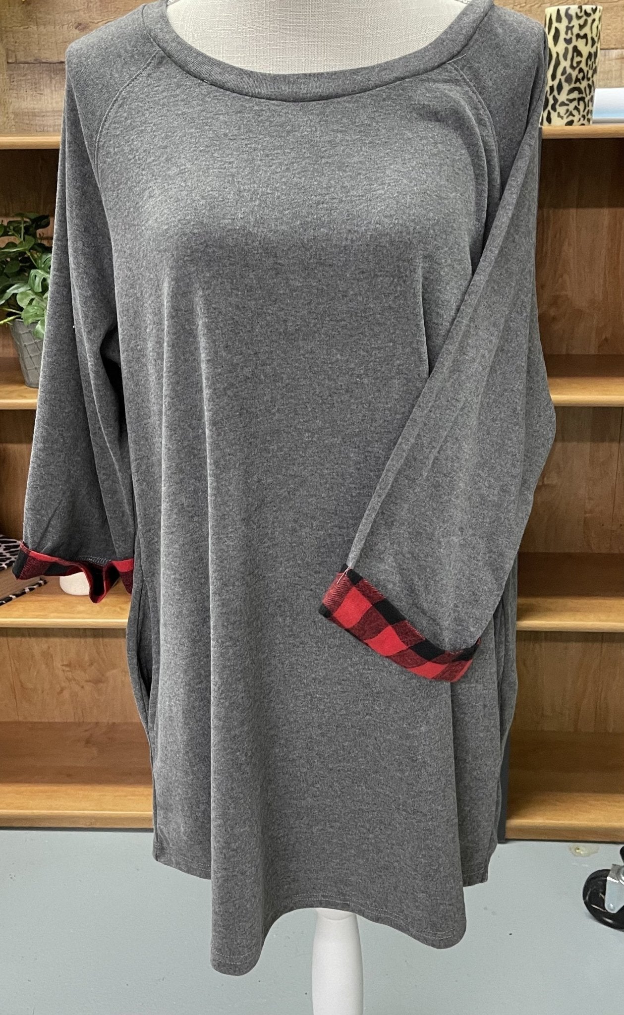 Gray Tunic with Buffalo Plaid Trim - Charming Cheetah Boutique