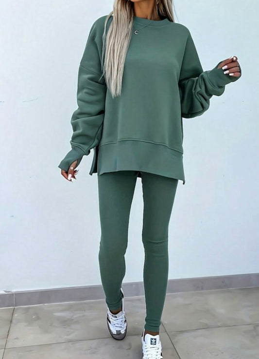 Solid Color slit sweater with Ribbed leggings