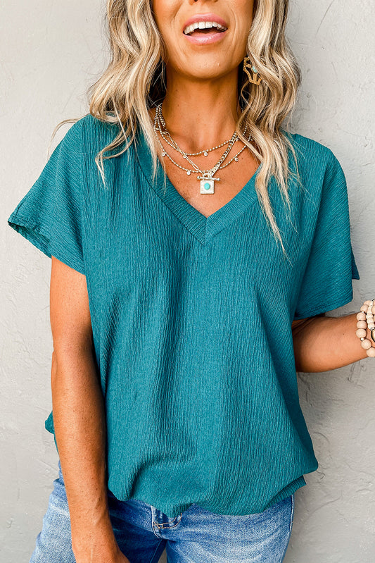 Solid Crinkled V-Neck Top