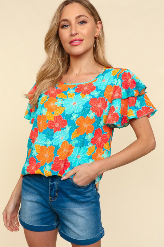 Blue & Orange Floral SS Top