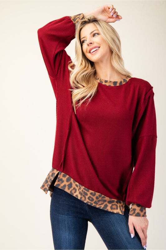 Ribbed Top with Animal Print Trim