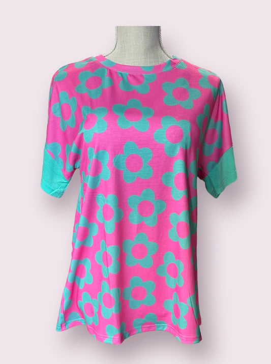 Hot Pink with Teal Flowers
