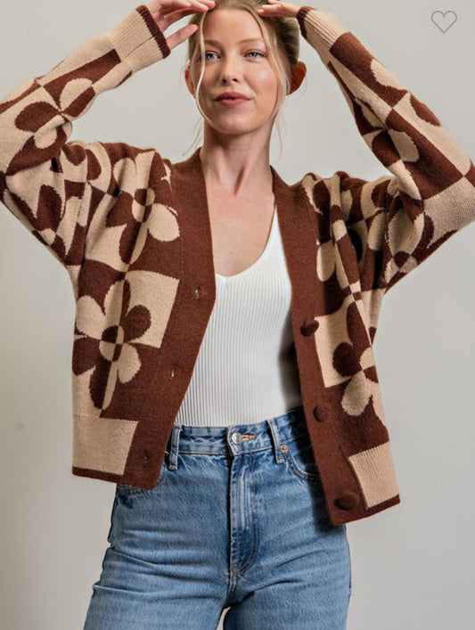 Brown Patterned Button Cardigan
