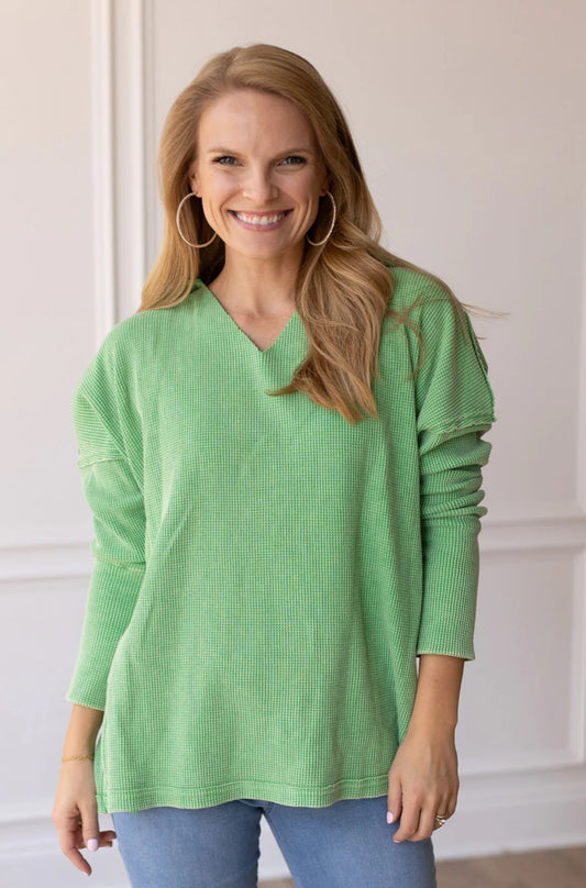 Green Collared Waffle Knit LS Top