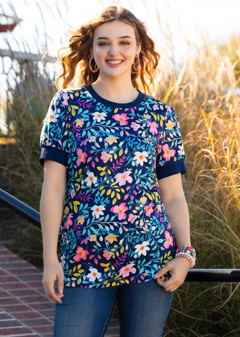 Navy and Floral SS Top