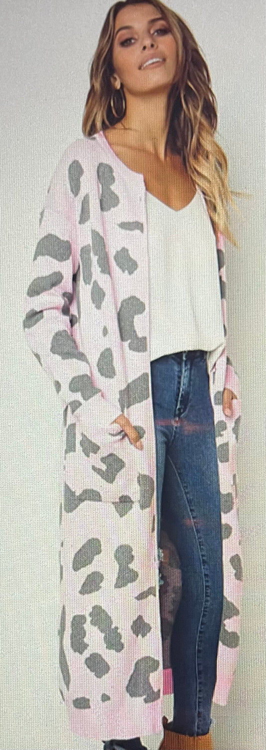 Pink and gray Animal Print Long Cardigan