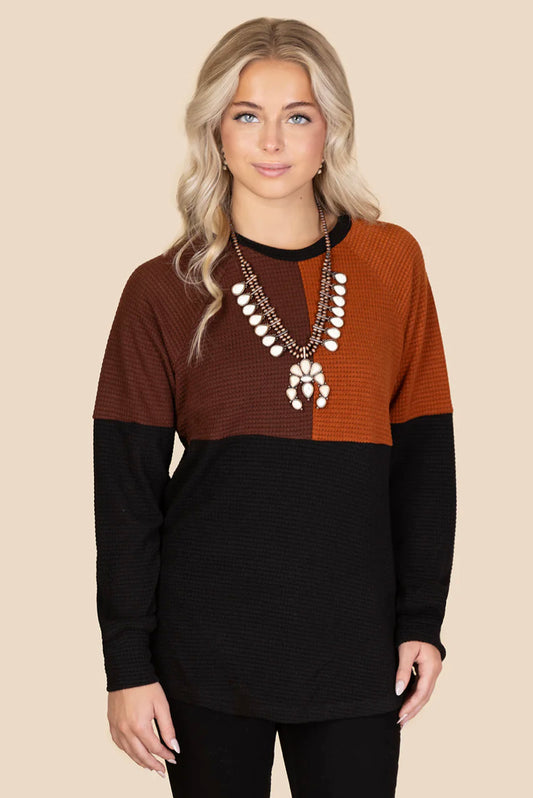 Earthtone Waffle Knit Color Block Top