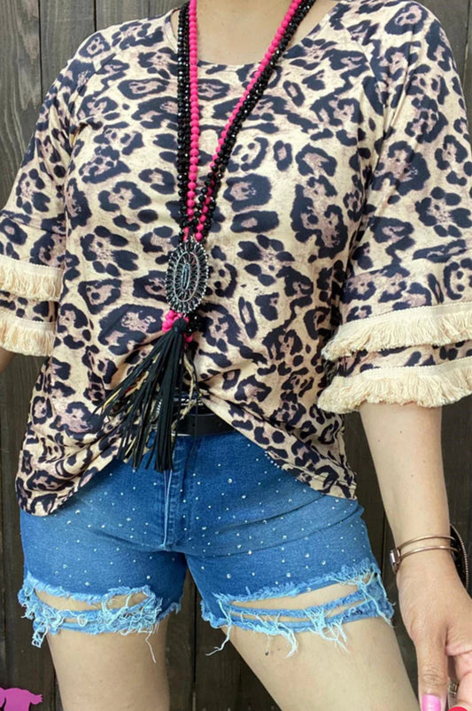 Animal Print Top with Fringe Sleeves