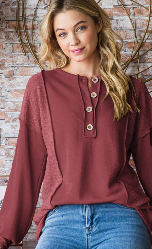 Burgandy Dual Fabric LS Top