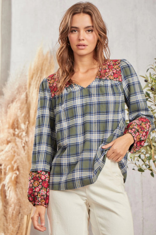 Plaid and Embroidery Top