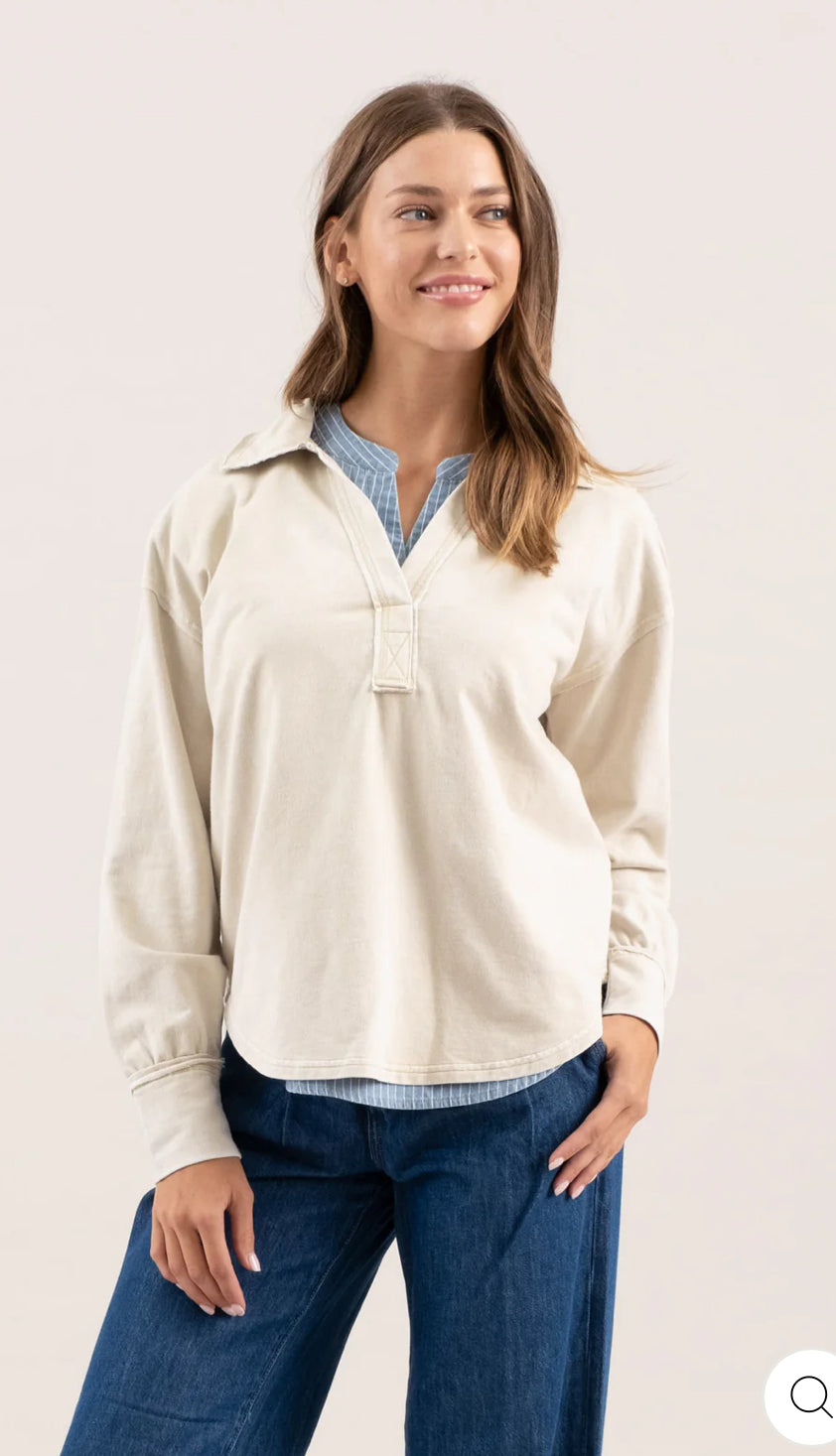 Washed collared LS Knit Top