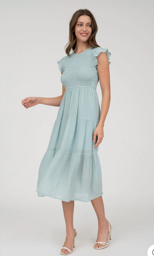 Light Sage Smocked Lined Midi Dress