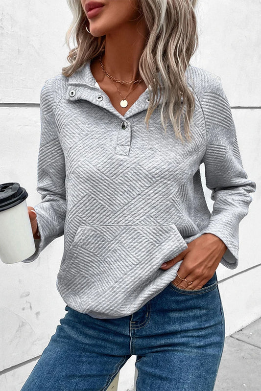 Light GreyTextured Knit Buttoned Kangaroo Pocket Sweatshirt