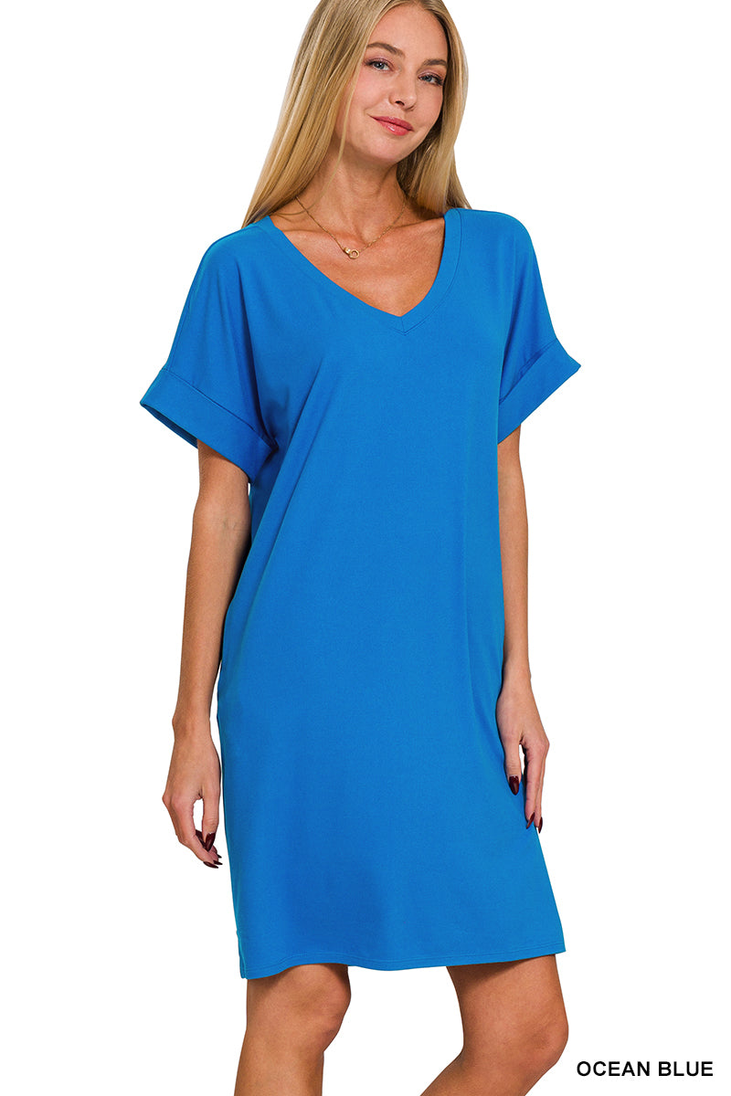 Rolled Short Sleeve V-Neck Dress