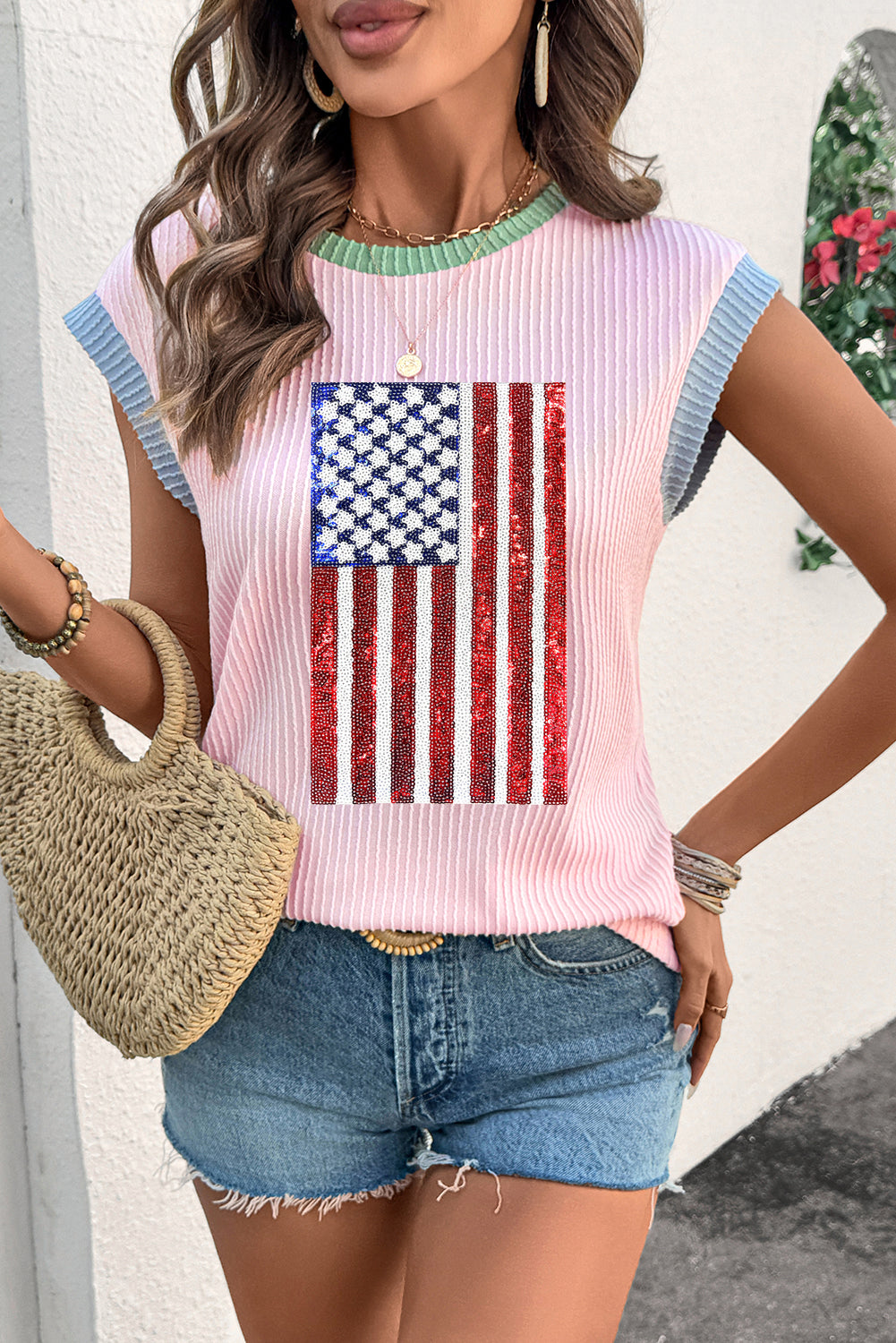 Pink Corded Top with American Flag