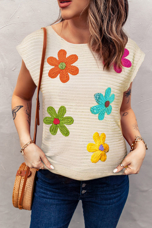 White Flower Crochet Knit Top