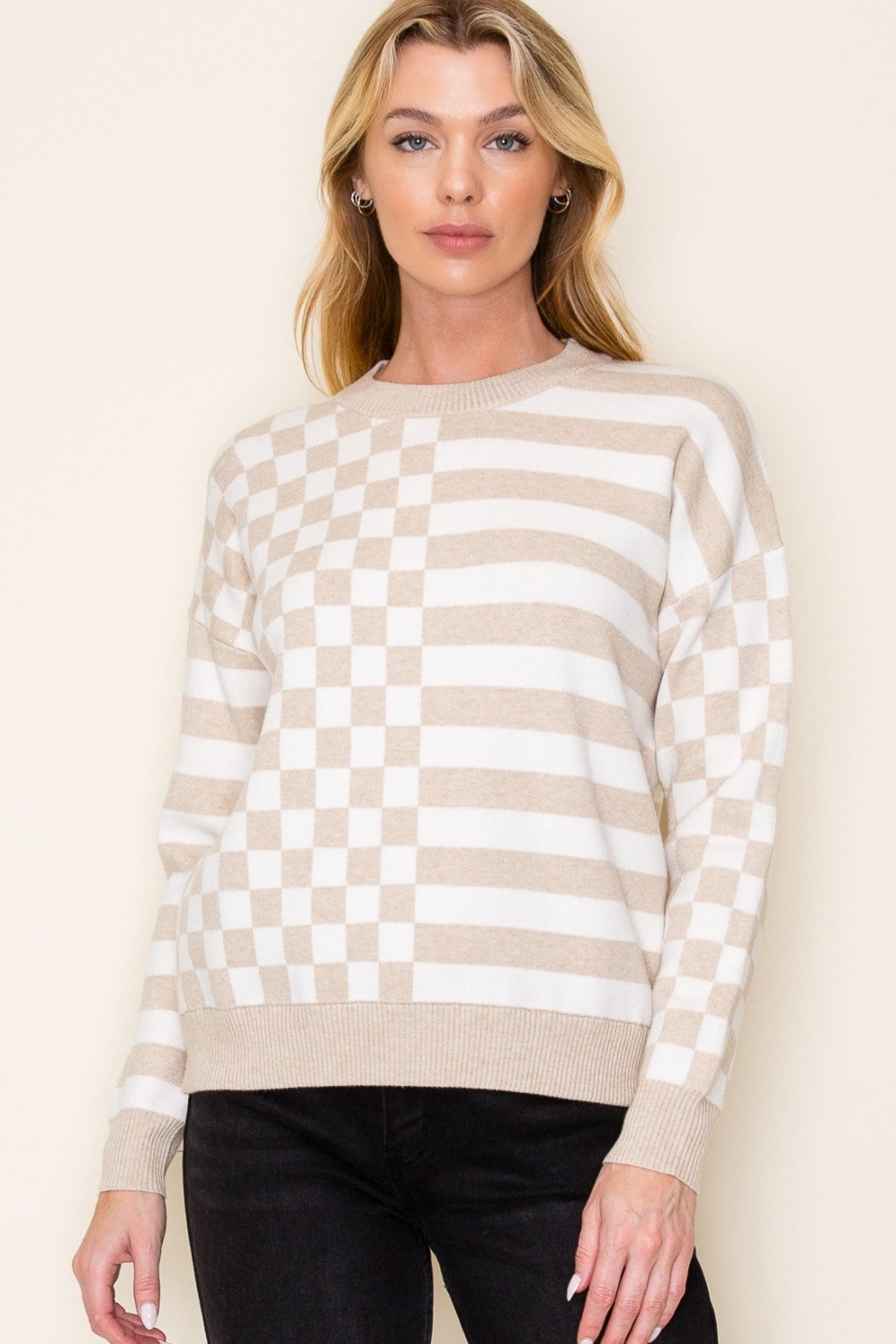 Taupe Checkerboard Sweater