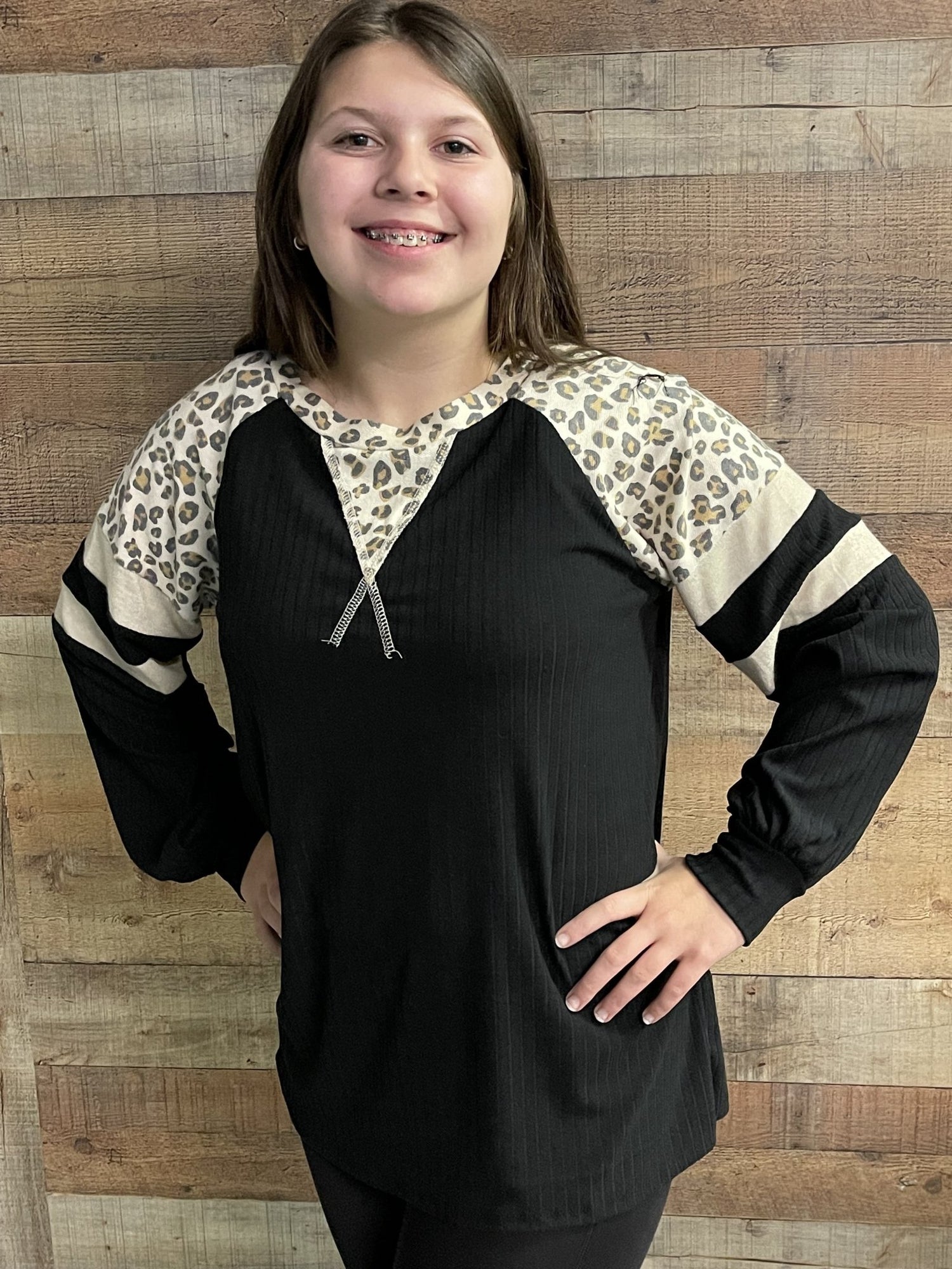 Black and Leo Top with varsity stripe sleeves *Final Sale* - Charming Cheetah Boutique