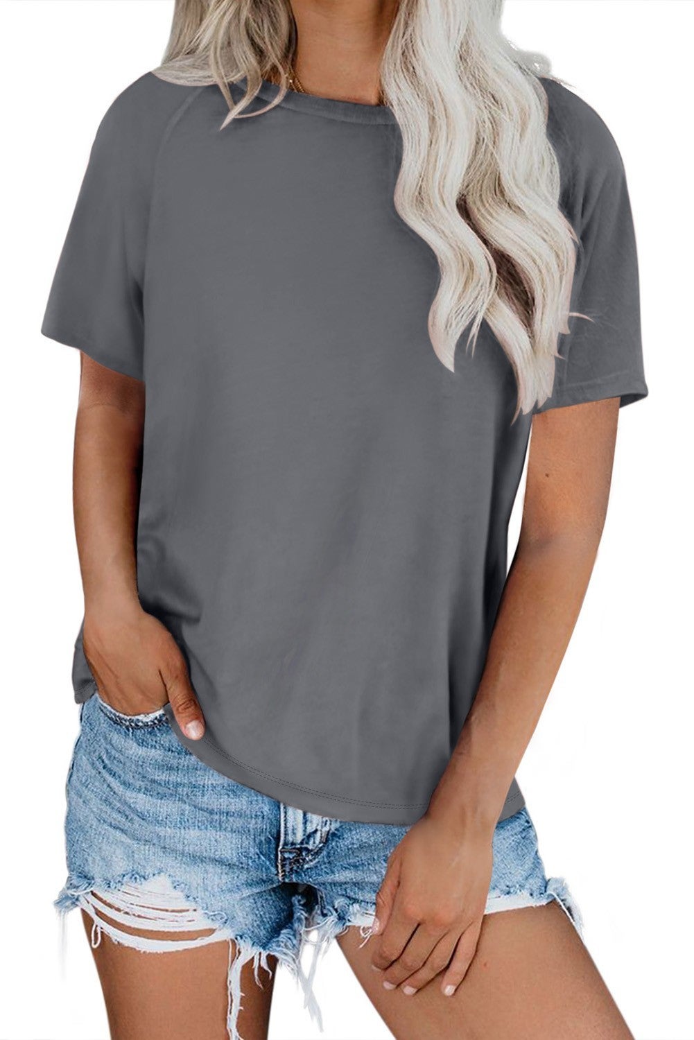 Gray Round Neck Raglan Sleeve Tee - Charming Cheetah Boutique